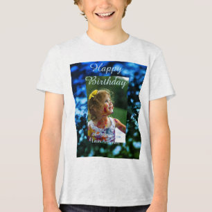 ブルーグリーングリッターフォト子供の誕生日モダン錆 トライブレンドTシャツ