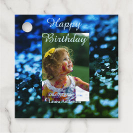 ブルーグリーングリッターフォト子供の誕生日モダン錆 フェイバータグ