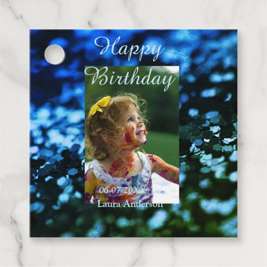 ブルーグリーングリッターフォト子供の誕生日モダン錆 フェイバータグ (正面)