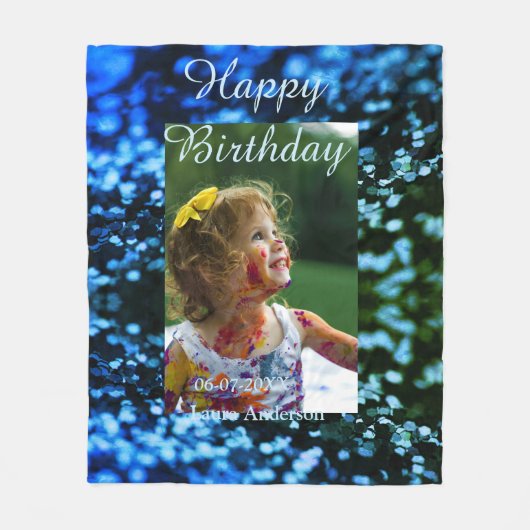 ブルーグリーングリッターフォト子供の誕生日モダン錆 フリースブランケット (正面)