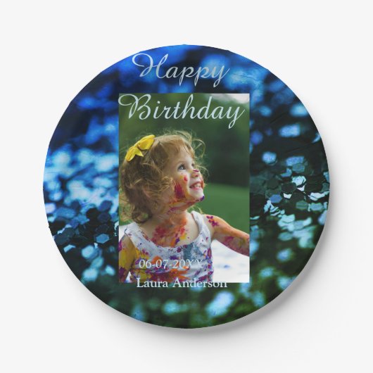 ブルーグリーングリッターフォト子供の誕生日モダン錆 ペーパープレート (正面)