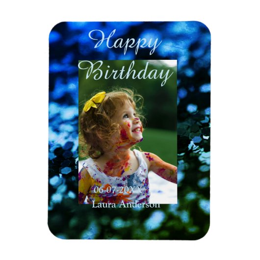 ブルーグリーングリッターフォト子供の誕生日モダン錆 マグネット (縦)