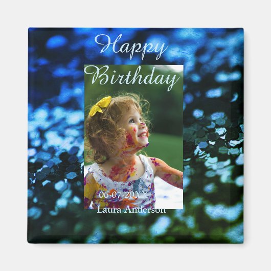 ブルーグリーングリッターフォト子供の誕生日モダン錆 マグネット (正面)