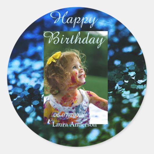 ブルーグリーングリッターフォト子供の誕生日モダン錆 ラウンドシール (正面)