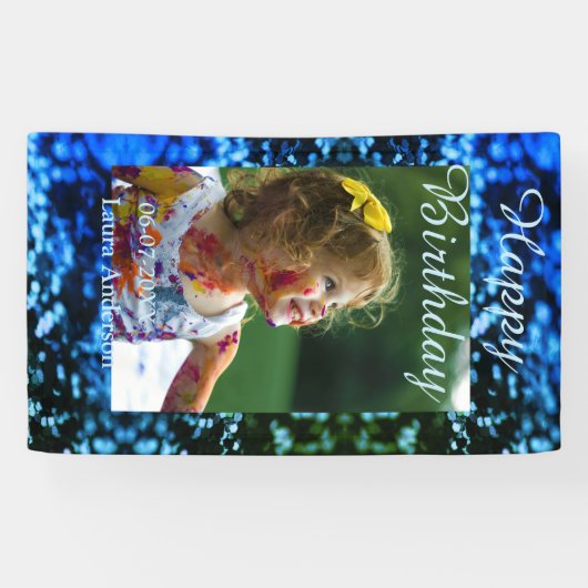 ブルーグリーングリッターフォト子供の誕生日モダン錆 横断幕 (横)