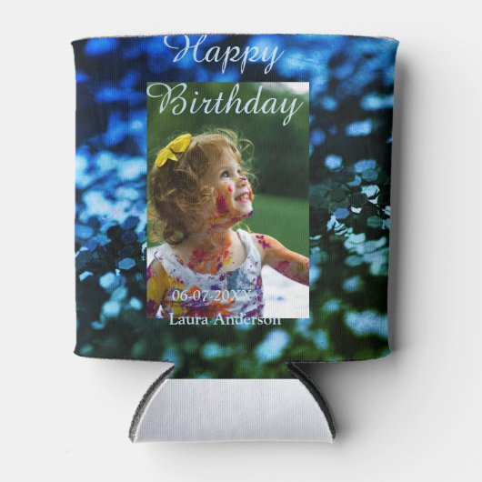 ブルーグリーングリッターフォト子供の誕生日モダン錆 缶クーラー (正面)