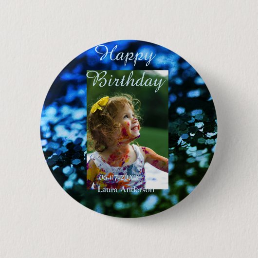 ブルーグリーングリッターフォト子供の誕生日モダン錆 缶バッジ (正面)
