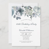 ブルーグリーングレーフローラ水カラー誕生日 招待状 (正面)