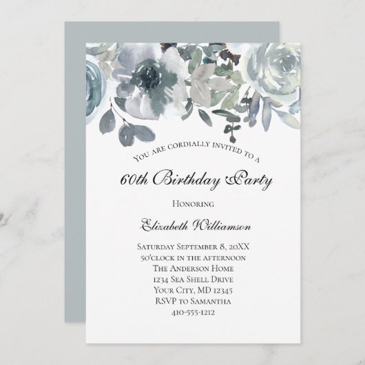 ブルーグリーングレーフローラ水カラー誕生日 招待状 (正面/裏面)