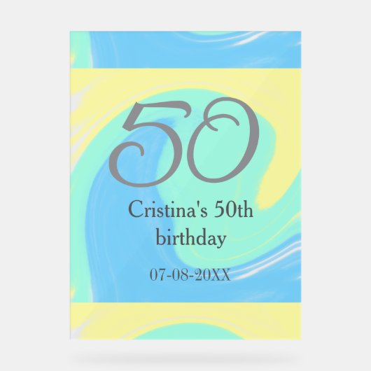 ブルーグリーングレー50th誕生日を追加する名前レトロ アクリルサイン (正面)