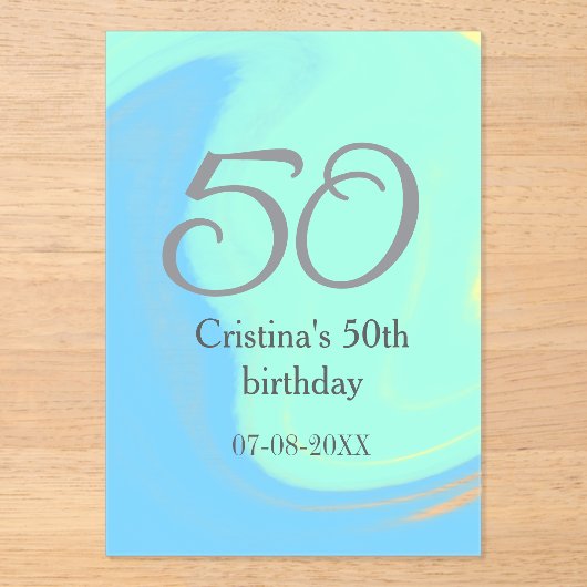 ブルーグリーングレー50th誕生日を追加する名前レトロ アクリル招待状 (正面)