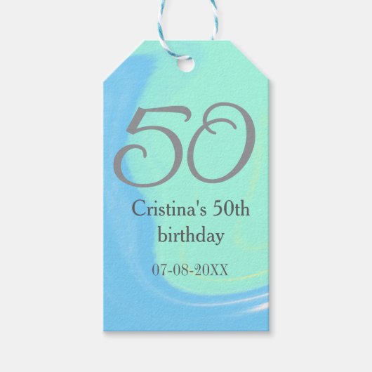 ブルーグリーングレー50th誕生日を追加する名前レトロ ギフトタグ (正面)