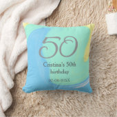 ブルーグリーングレー50th誕生日を追加する名前レトロ クッション (ブランケット)