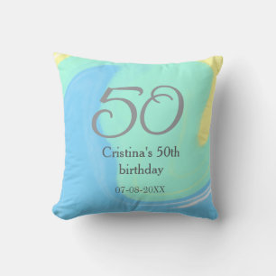 ブルーグリーングレー50th誕生日を追加する名前レトロ クッション