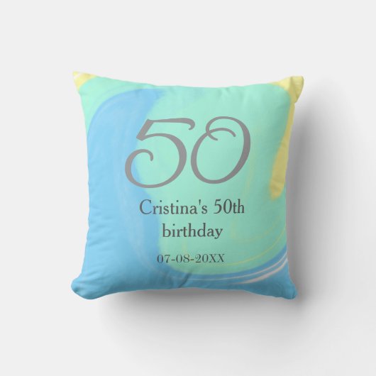 ブルーグリーングレー50th誕生日を追加する名前レトロ クッション (正面)