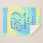 ブルーグリーングレー50th誕生日を追加する名前レトロ シェルパブランケット (正面(横))