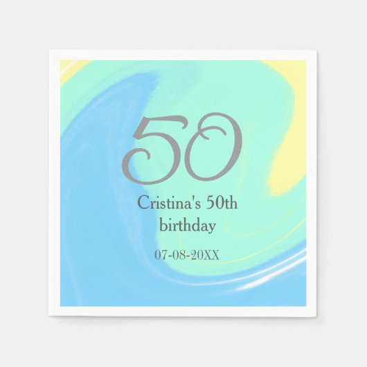 ブルーグリーングレー50th誕生日を追加する名前レトロ スタンダードカクテルナプキン (正面)
