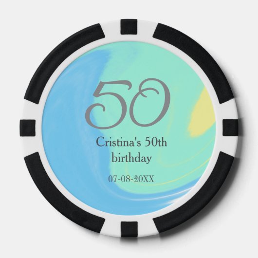 ブルーグリーングレー50th誕生日を追加する名前レトロ ポーカーチップ (正面)