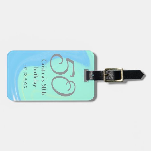 ブルーグリーングレー50th誕生日を追加する名前レトロ ラゲッジタグ (正面横)