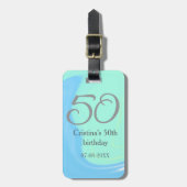 ブルーグリーングレー50th誕生日を追加する名前レトロ ラゲッジタグ (正面縦)