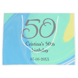 ブルーグリーングレー50th誕生日を追加する名前レトロ ラージペーパーバッグ