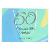 ブルーグリーングレー50th誕生日を追加する名前レトロ ラージペーパーバッグ (裏面)