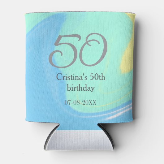 ブルーグリーングレー50th誕生日を追加する名前レトロ 缶クーラー (正面)
