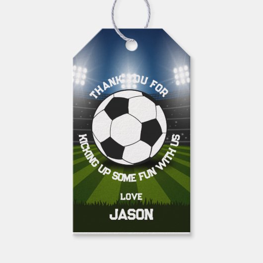 ブルーグリーンサッカースタジアムスポーツテーマ誕生日 ギフトタグ (正面)