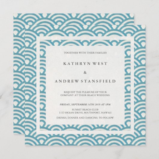 ブルーグリーンシーウェーブズエレガントビーチ結婚式 招待状 (正面/裏面)
