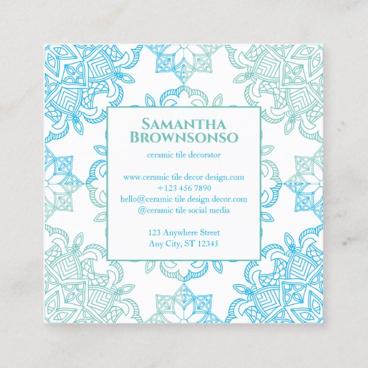 ブルーグリーンシームレスモザイクステッチパターン スクエア名刺 (裏面)