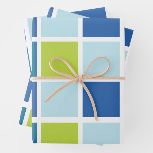 ブルーグリーンスクウェア市松模様に誕生日 ラッピングペーパーシート (インサイチュ)