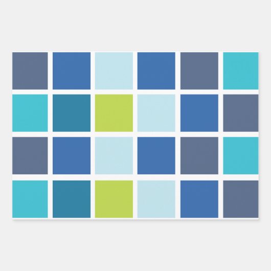 ブルーグリーンスクウェア市松模様に誕生日 ラッピングペーパーシート (正面)