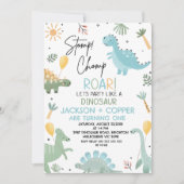 ブルーグリーンストンプチョンツツインズ恐竜1回目の誕生日 招待状 (正面)