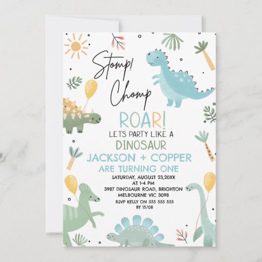 ブルーグリーンストンプチョンツツインズ恐竜1回目の誕生日 招待状 (正面)