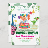 ブルーグリーンストンプチョンツツインズ恐竜1回目の誕生日 招待状 (正面/裏面)