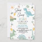 ブルーグリーンストンプチョンプパーティー恐竜1st誕生日 招待状 (正面)