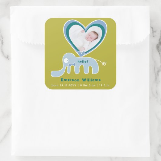 ブルーグリーンゾウ男の赤ちゃん誕生発表 スクエアシール (バッグ)