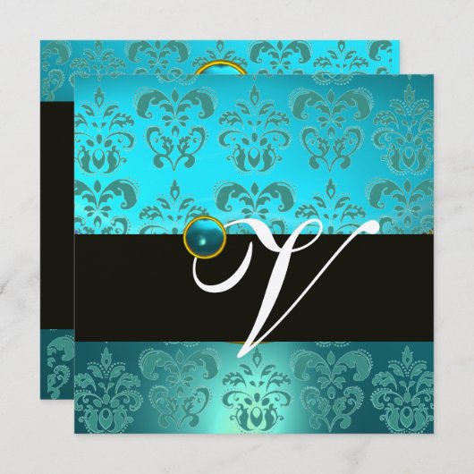 ブルーグリーンターコイズブラックゴールドダマスクモノグラム 招待状 (正面/裏面)