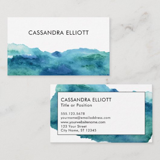 ブルーグリーンターコイズ抽象芸術水彩ウォッシュ 名刺 (正面/裏面)