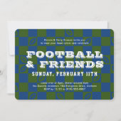 ブルーグリーンチェッカーボードサッカーゲームの腕時計パーティー 招待状 (正面)