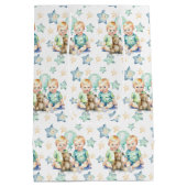 ブルーグリーンツイン男の赤ちゃんベビーシャワーまたは新生児 ミディアムペーパーバッグ (裏面)