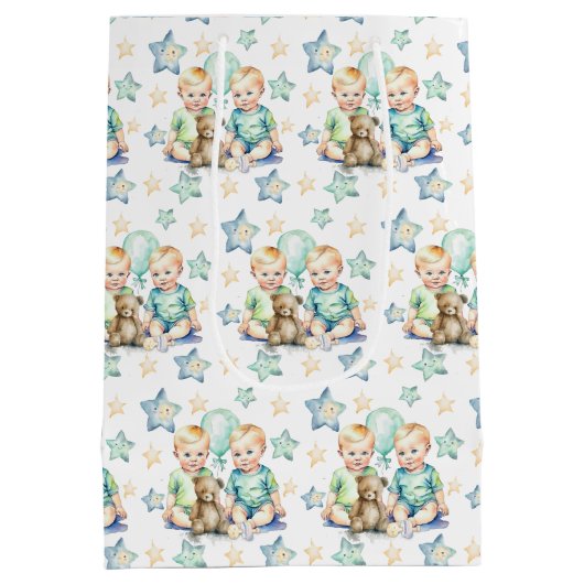 ブルーグリーンツイン男の赤ちゃんベビーシャワーまたは新生児 ミディアムペーパーバッグ (裏面)