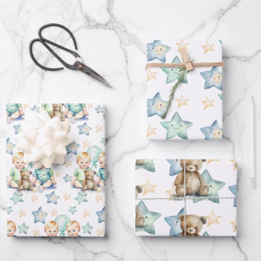 ブルーグリーンツイン男の赤ちゃんベビーシャワーまたは新生児 ラッピングペーパーシート (正面)