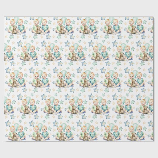 ブルーグリーンツイン男の赤ちゃんベビーシャワーまたは新生児 ラッピングペーパー (フラット)