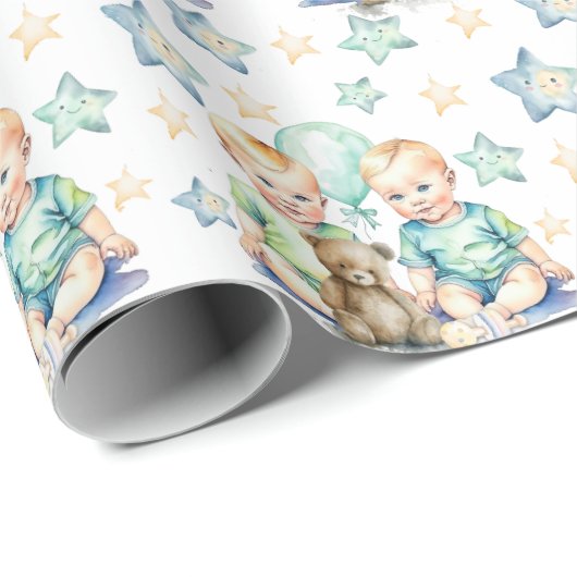 ブルーグリーンツイン男の赤ちゃんベビーシャワーまたは新生児 ラッピングペーパー (ロールコーナー)