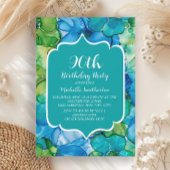 ブルーグリーンティール(緑がかった色)水彩90誕生日 招待状