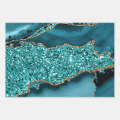 ブルーグリーンティール(緑がかった色)金ゴールドグリッターアゲートトレンディー ラッピングペーパーシート (正面3)