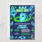 ブルーグリーンネオンアウター白熱［赤熱］光を放つスペースボーイズ誕生日 招待状 (正面)