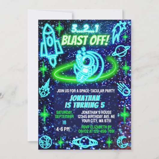 ブルーグリーンネオンアウター白熱［赤熱］光を放つスペースボーイズ誕生日 招待状 (正面)