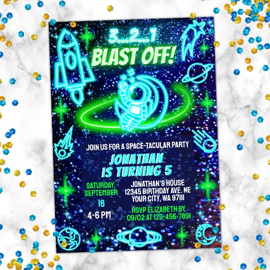 ブルーグリーンネオンアウター白熱［赤熱］光を放つスペースボーイズ誕生日 招待状